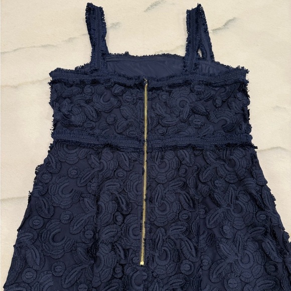 Trina Turk Dress Size 6 Navy Blue Textured Floral Embroidered Fringe Trim - Picture 9 of 14